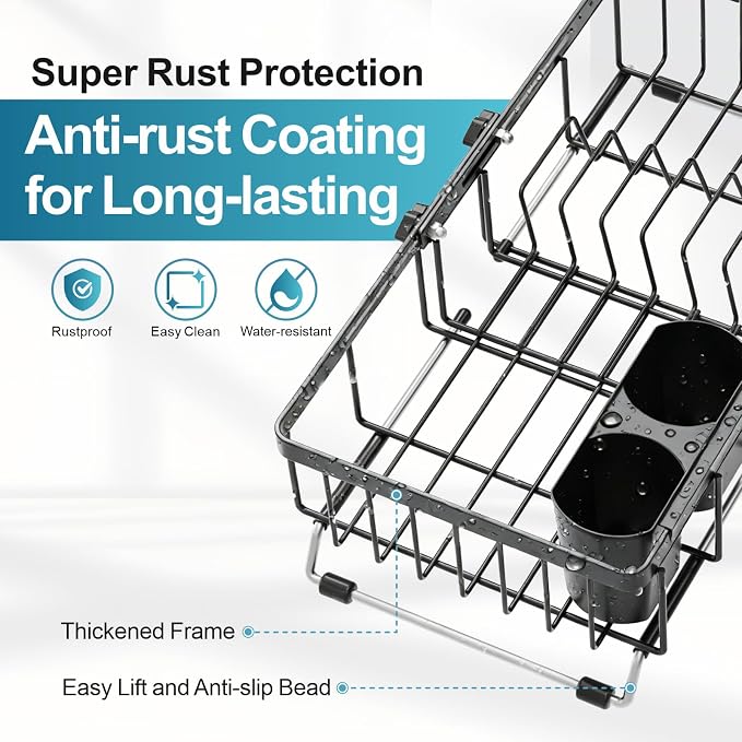 iSPECLE Small Sink Dish Drying Rack, Expandable Narrow Rust Resistant Dish Drainer for RV Apartment Kitchen, Dish Rack with Tightening Knob, Arms with Non Slip Rubber, 9.2" W x 16.6"-24" L, Black | Rust Resistant, Locking Knob Stability, for Small Kitc...