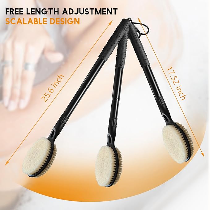 Gobiteli Back Scrubber with Soft and Stiff Bristles, 17''-25'' Long Handle Dual-Sided Shower Brush for Body for Deep Cleaning