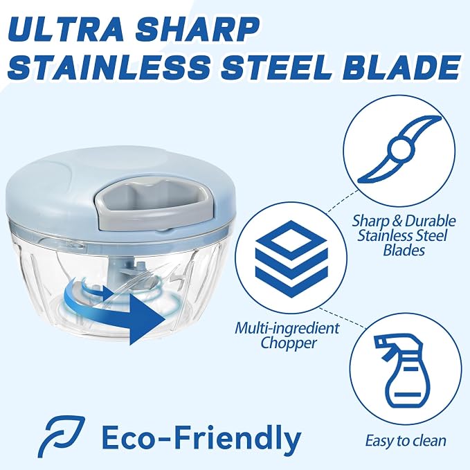 Manual Food Processor Vegetable Chopper, Portable Hand Pull String Garlic Mincer Onion Cutter for Veggies, Suitable for Vegetables, Ginger, Garlic, Fruits, Onion, Potato, Salad (Blue 500 ml)