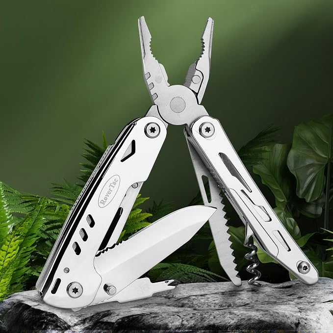 Multi Tool Pocket Knife Tactical Camping Survival Knife Gifts for Men Dad Husband 18 in 1 Multitool Pliers Scissors Saw Corkscrew Bottle Opener 9-pack Screwdrivers Safety Lock Nylon Sheath