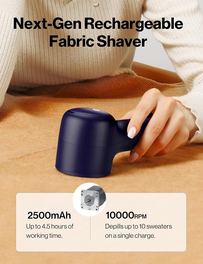 VASSON Fabric Shaver, Sweater Shavers to Remove Pilling, High-Perf Defuzzer, Rechargeable Electric Lint Shaver for Fuzz and Lint Balls from Clothing, Upholstery, Bedding (Blue) | Upgraded Battery Life & Type-C Fast Charge，2-Speed Fuzz Remover