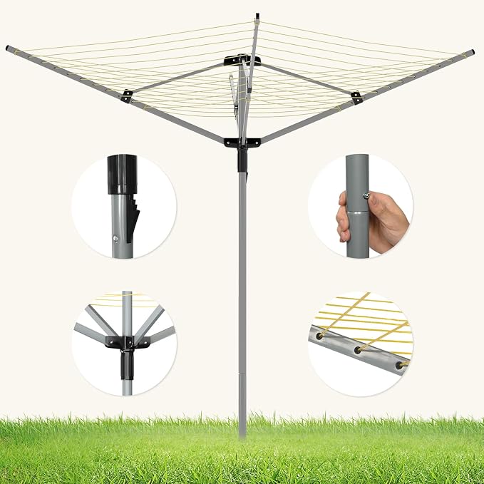 tonchean 165 Feet Clothesline Outdoor Umbrella Drying Rack, 4-arm Rotary Umbrella Clothesline for Laundry Adjustable Height Rotary Dryer Collapsible Clothes Drying Rack with 12-Lines