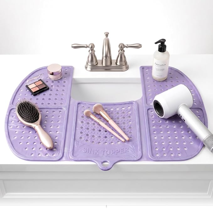 Sink Topper Bathroom Sink Cover for Counter Space, Large Lavender | Holds up to 7 lb on a steel frame; fits over basins 19-23 in; 480°F silicone; foldable makeup mat; countertop extender