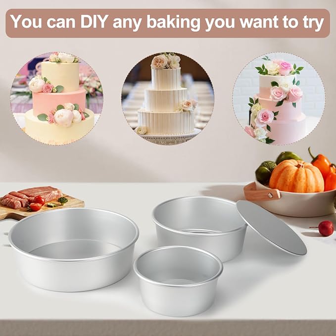 Round Cake Pan with Removable Bottom, Set of 3 (6 x 3 inch/8 x 3 inch/10 x 3 inch), Aluminum Baking Pans for Layer Cakes, Evenly Heating Tools for Home Kitchen, Tapered Side