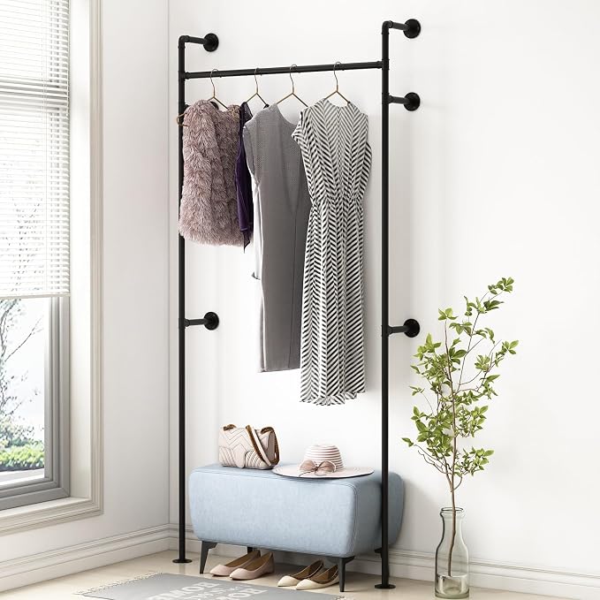 Industrial Pipe Clothing Rack, Heavy Duty Clothes Rack for Hanging Clothes, Wall Mounted Display Garment Rack for Home Retail Boutique (Single, Black)
