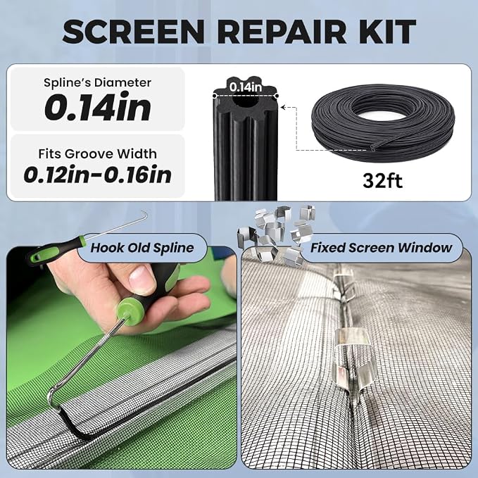 King&Charles Screen Repair Kit, 4-in-1 Screen Tool for Window Mesh Repair | Bearing Steel Roller+0.14inx32ft Spline+8Clips+Remove Hook+for Window Mesh, Patio and RV Mesh Replacement