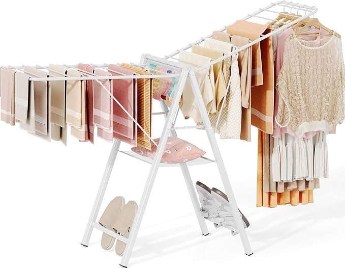 APEXCHASER Clothes Drying Rack, 67.7" L Height Adjustable, Foldable, White | 1.5"Folded, No Assembly, Space-Saving, Spacious Design, Adjustable Wings, Clips, Mesh Shelf, Shoe Rack, Indoor & Outdoor Use
