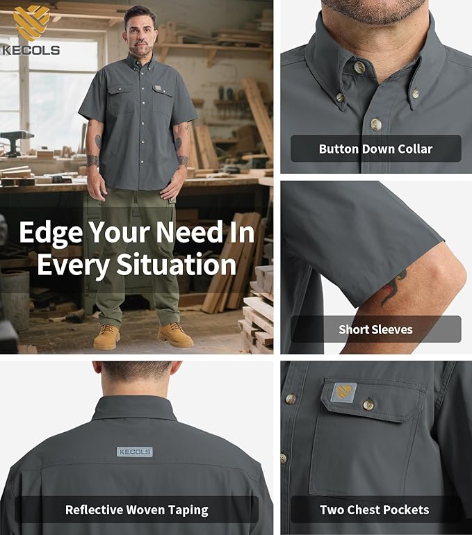 Mens Regular Fit Work Utility Shirt Midweight Short Sleeve Work Wear | Midweight stretch work shirt with reflective trim, 2 secure chest pockets, moisture-wicking comfort, easy-care fabric