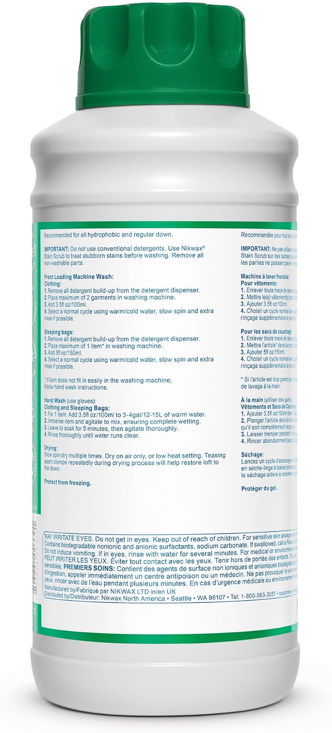 Nikwax Down Wash, 1L, Detergent for down jackets and sleeping bags, outdoor apparel, clean, care, protect
