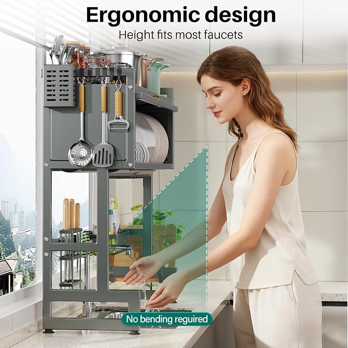 Over the Sink Dish Drying Rack 3 Tier with Dustproof Flip-Up Cover | Large Dish Drainer Storage Counter Organizer,Space-Saving Dish Rack for Dishes and Cutlery,Fits Sinks up to 32 Inches(Gray)