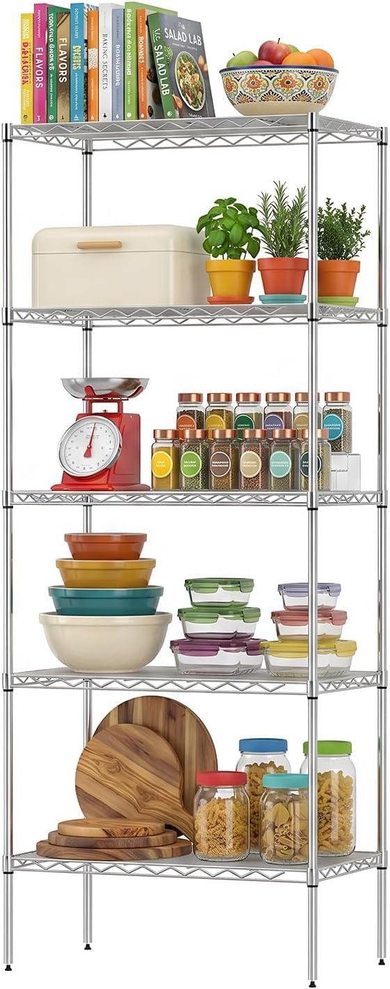 BestOffice | 5-Tier Wire Storage Shelves | 14x24x60 | Chrome | Heavy-Duty Metal Shelf, Holds Upto 750 lbs | No-Tool Assembly | Ideal for Home & Garage Shelving