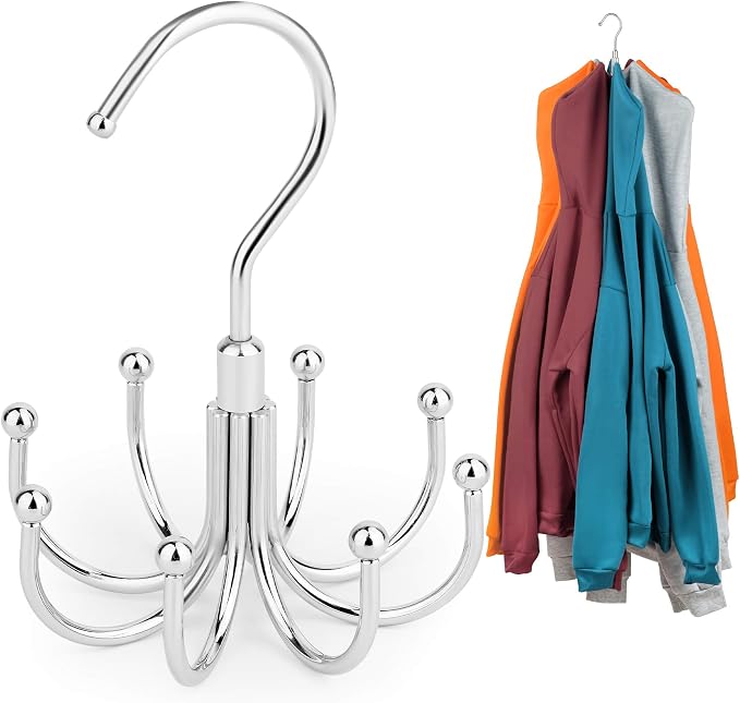 ZEDODIER Hoodie Hangers, Rotatable Hoodie Organzier for Closet, Max 8 Storage Capacity Hoodies Holder, Metal Space Saving Closet Organizers and Storage, Silver