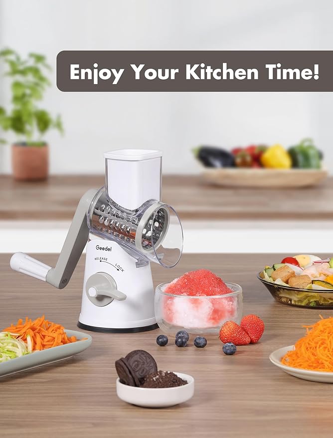 Geedel Rotary Cheese Grater Cheese Shredder - Upgraded 5-in-1 Cheese Grater with Handle and Strong Suction Base, Multi-purpose Vegetable Slicer Ice Shaver Nuts Grinder for Cheese, Vegetables, Ice