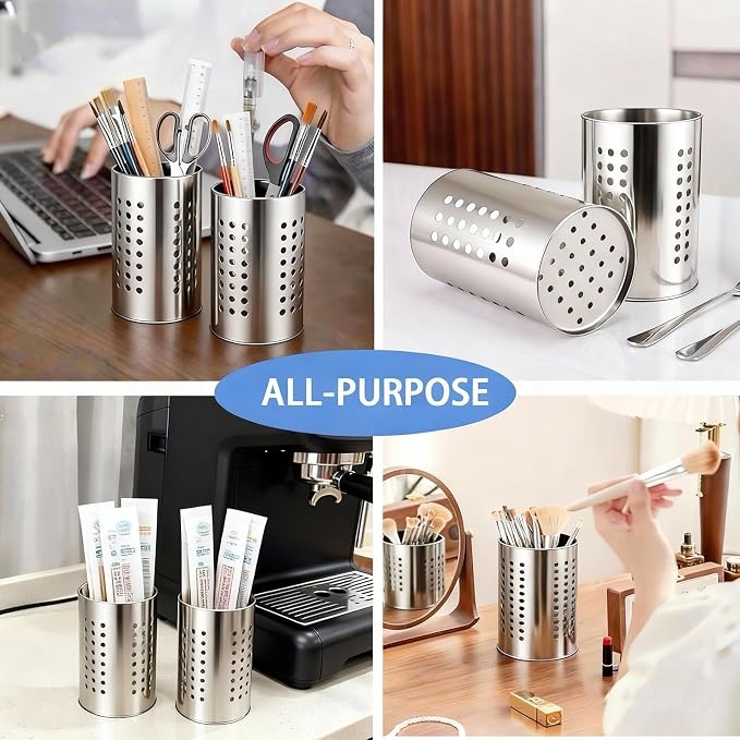 2PCS Stainless Steel Kitchen Utensil Holder, Utensil Caddy & Organizer for Drying Cooking Spoons Utility Sturdy Home Kitchen Daily Use Utensil Drainer (Silver)