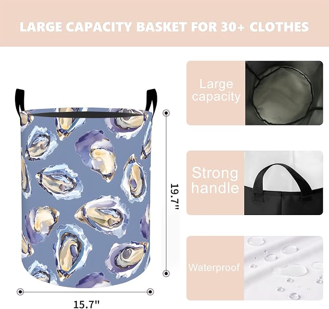 Oyster Shell Laundry Basket Hamper 19.7"x15.8", Organizer Bins Gifts for Kids Boys Girls, Coastal Sea Life Foldable Waterproof Oxford Clothes Storage Bucket for Bedroom Bathroom Decor