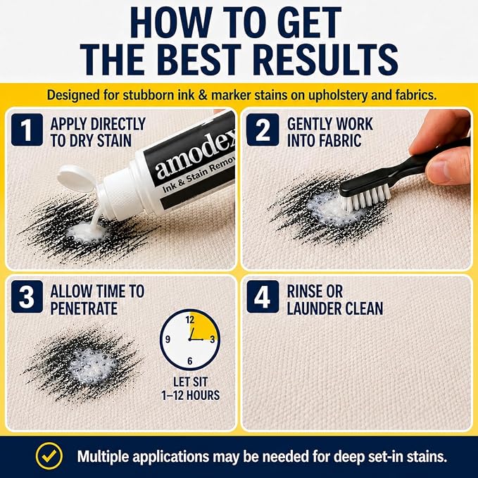 Amodex Ink & Stain Kit with Stain Remover Brushes, Removes Ink, Sharpie, Grease, Food and More, Safe and Effective on Clothes, Leather and Skin, Includes 1 Bottle and 2 Brushes