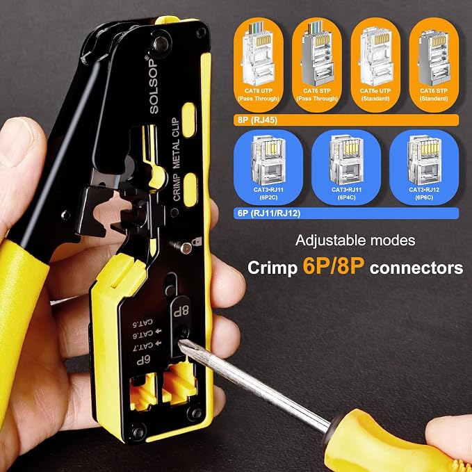 Solsop Pass Through RJ45 Crimp Tool Kit All-in-One Ethernet Crimper | Cat7 Cat6 Cat5 Crimping Tool with Network Cable Tester, 50-Pack Cat6 RJ45 Pass Through Connector, 50-Pack Connector Boots
