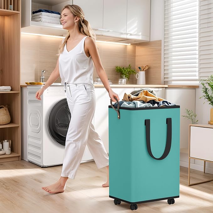 SpaceTrove Rolling Laundry Basket with Wheels, Laundry Hamper, 100L, Green | Collapsible, 4 detachable wheels including 2 with brakes, sturdy handle, metal frame, for dorms, bathrooms and bedrooms