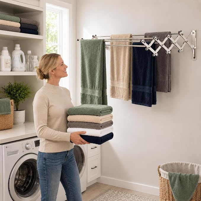Smartsome Wall Mounted Clothes Drying Rack | Adjustable to Fit Your Space | 20 Linear Feet Drying Capacity | 8 Stainless Steel Rods | 60 lb Capacity | Fully Assembled | Compact Space-Saving Design