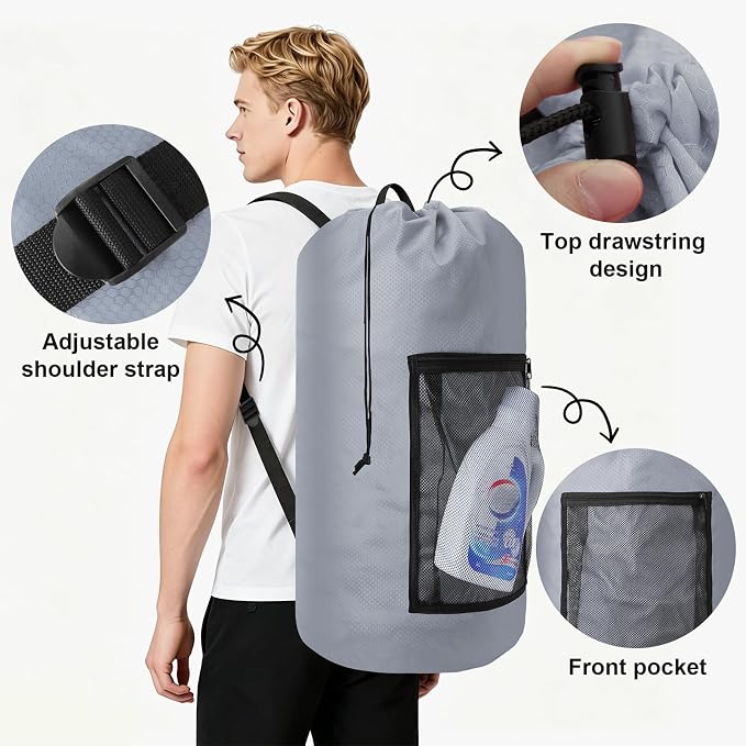 Laundry Bag Backpack Durable Laundry Bag with Shoulder Straps and Mesh Pockets Portable Laundry Hamper Dirty Clothes Bag for College, Travel, Laundromat, Apartment (Gray)