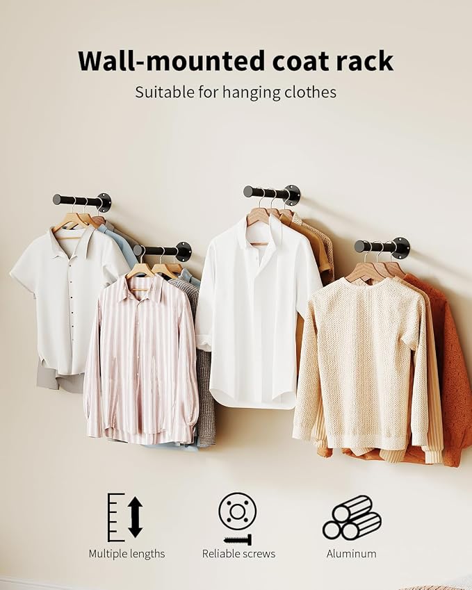 Metal Wall Mounted Clothes Rack, Black, 8 Inches, 2 Packs | Aluminium Alloy, Rack Support Bracket, For Hanging Garments, Wardrobe Bedroom Closet Organisation