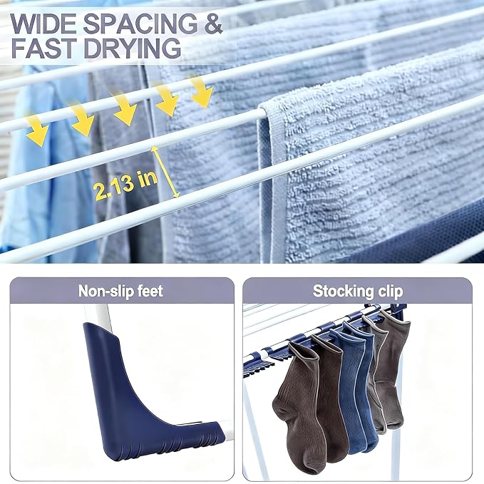 APEXCHASER Clothes Drying Rack, Drying Rack Large Space with 4 Wings | Foldable Design, 5 Drying Spaces, Spacious Design with 4 Frame Supports, Folds Flat for Storage, Rust-resistant Coating