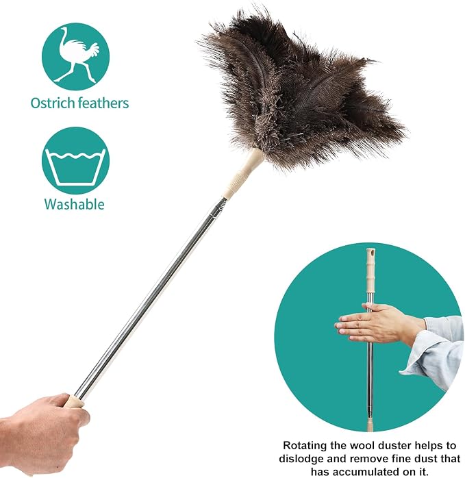 Extendable Ostrich Feather Duster 27-94 Inch, Natural Cleaning Duster Extension Pole Reusable for High Ceilings, Fans, Blinds, Furniture, Interior & Roof Dusting(one Pack)