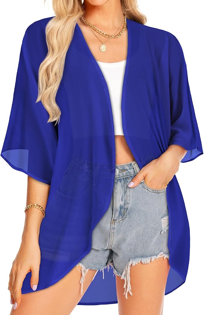 Women Kimono Cardigans Summer Cover Up Hawaiian Shirts Floral Print Tops | ROSEMIA chiffon kimono open front cardigans, beach cover ups, daily casual tops, cruise outfits, summer resort wear