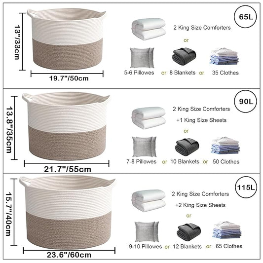90L Extra Large Blanket Basket,Rope Woven Storage Basket with Handles, Laundry Hamper for Toys, Clothes, Pillows & Towels, Perfect for Living Room, Nursery & Bedroom, White & Brown