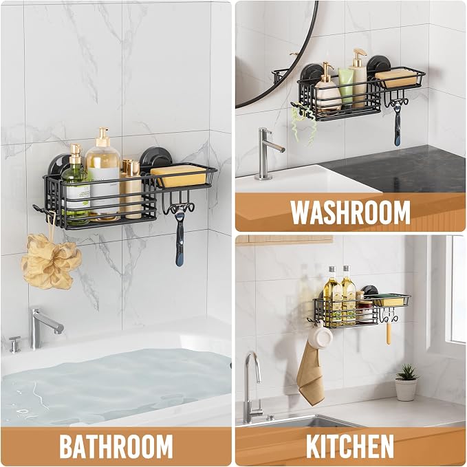 LEVERLOC Suction Cup Shower Caddy, Black Bathroom Shelf Shower Organizer With Hook And Soap Holder, No Drill Bathroom Caddy