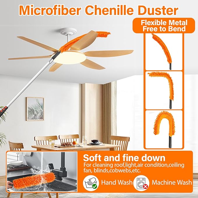 18FT High Reach Duster Cleaning Kit with 3-12 FT Extension Pole | High Ceiling Dusting and Window Cleaning Kit with Microfiber Feather Duster,Cobweb Duster,Ceiling Fan Duster,Window Squeegee