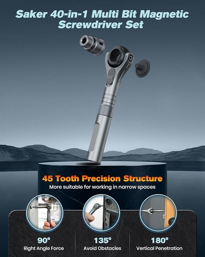 Saker Upgraded Magnetic Screwdriver Set: 40-in-1 Ratchet Screwdriver Tool Kit with 180° Ball-Joint Handle - Portable S2 Bits Precision Repair Tool Set for Computer Phone Watch Camera Bike