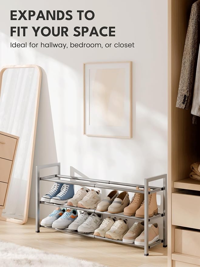 Bumusty 3-Tier Expandable Shoe Rack for Closet, 18“-33” Adjustable Shoe Rack for Small Space, Small Shoe Organizer for Front Door, Sturdy Metal, Light Grey