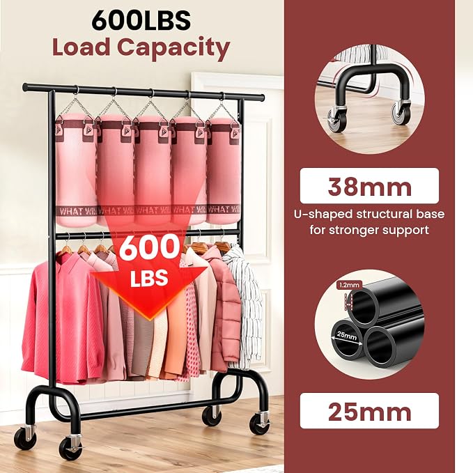 Heavy Duty Clothes Rack for Bedroom - Rolling Clothing Rack with 6-Level Adjustable Height - Lockable Wheels - Portable Garment Rack for Livingroom Laundry Closet - 600 lbs Capacity - Black