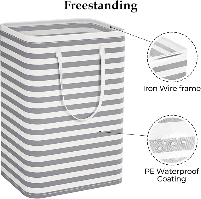 StorageRight Laundry Basket Hamper, 75L Clothes Storage, Striped Grey | Freestanding Clothes Hampers, Foldable design, with Easy Carry Handles, For Laundry, Bedroom, Dorm, Clothing, Towels, Toys