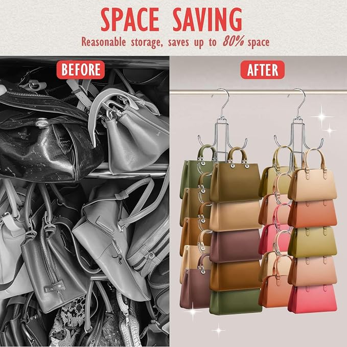 2 Pack Purse Organizer for Closet, Upgraded Purse Hangers with 20 Big Hooks, 360 Degree Rotation for Better Organizer and Display, Collapsible Space Saving Hangers Rack for Handbag, Tie, Silver