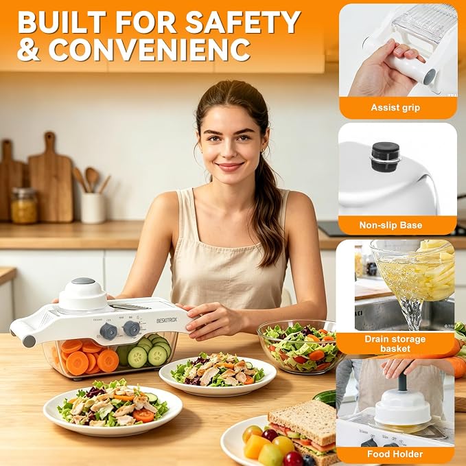 5-Speed Adjustable Mandoline Slicer Manual Veggie Cutter with Safety Guard | 5 slicing thickness options, safe guard avoids cuts, compact slicer for fruit & vegetable home cooking prep