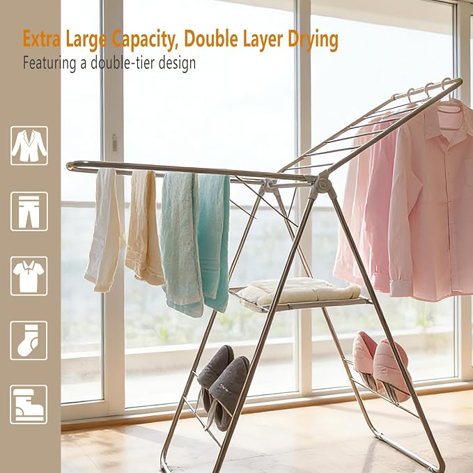 Clothes Drying Rack Foldable -Height Adjustable Laundry Drying Rack Large Space, Winged Laundry Rack with Sock Clips for Hanging Towels Clothes Dress Bedding Indoor Outdoor, Gray