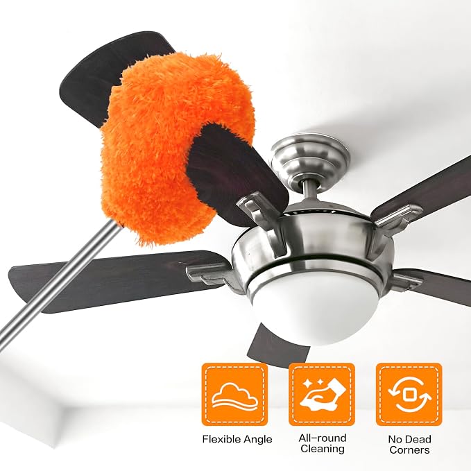 Ceiling Fan Cleaner Duster Reusable Microfiber Ceiling Fan Blade Cleaner Removable Duster with Extension Pole Adjusts 13 to 49.7 Inch for Cleaning Walls Bookshelves Furniture Door Window Top (Orange)