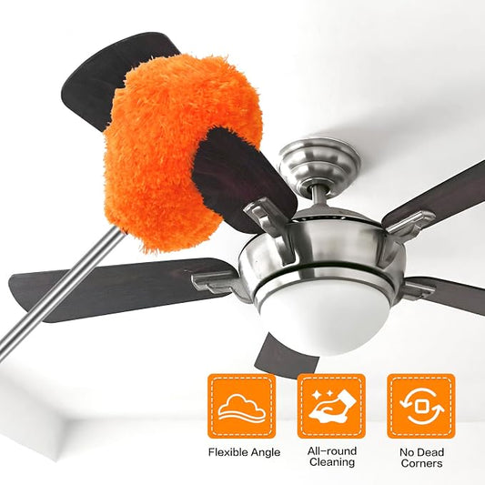 Ceiling Fan Cleaner Duster Reusable Microfiber Ceiling Fan Blade Cleaner Removable Duster with Extension Pole Adjusts 13 to 49.7 Inch for Cleaning Walls Bookshelves Furniture Door Window Top (Orange)