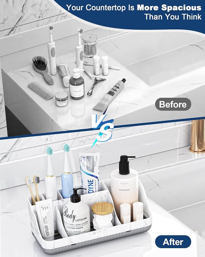 Bathroom Counter Organizer and Storage with 2 Pack Qtip Holder Dispenser, 7 Slots Detachable Toothbrush Holders for Bathrooms, Anti-Slip Electric Toothbrush and Toothpaste Holder Countertop