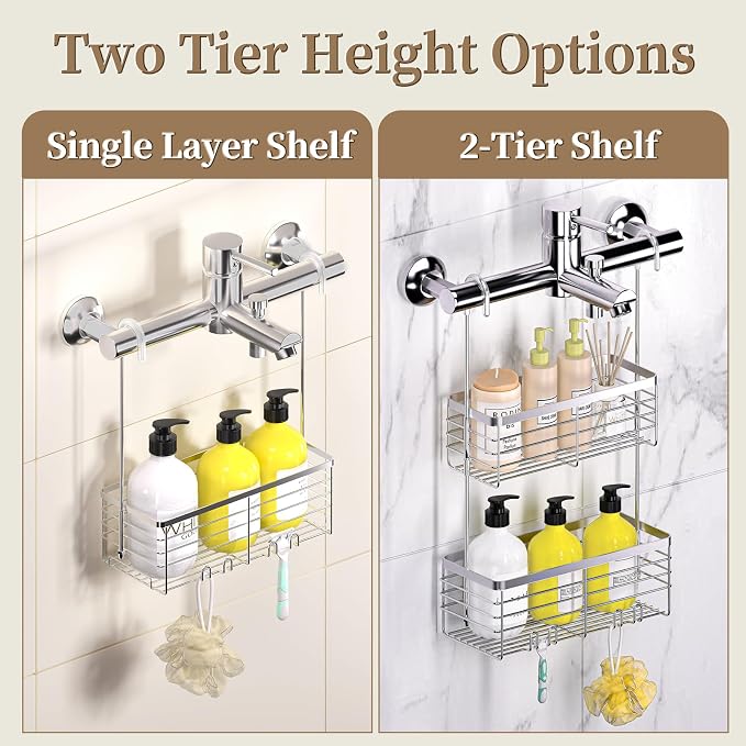 DELLAN Hanging Shower Organizer, Shower Rack with Hooks Over the Door, Bathroom Shower Caddy and Basket