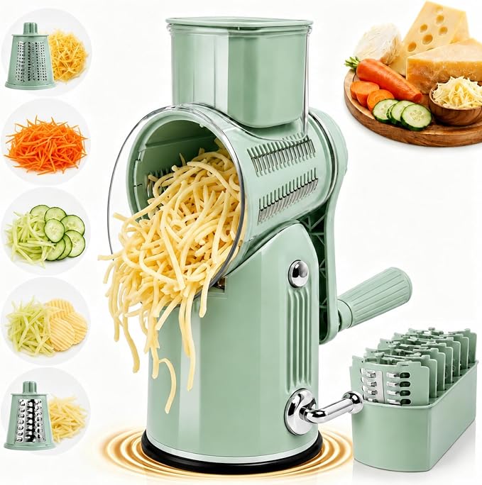 5 in 1 Cheese Grater with Rotary Hand Crank - Vegetable Chopper with Replaceable Stainless Blades, Strong Suction Base, Handle, Blade Storage Box, Easy-Clean Multipurpose Kitchen Slicer (Green)