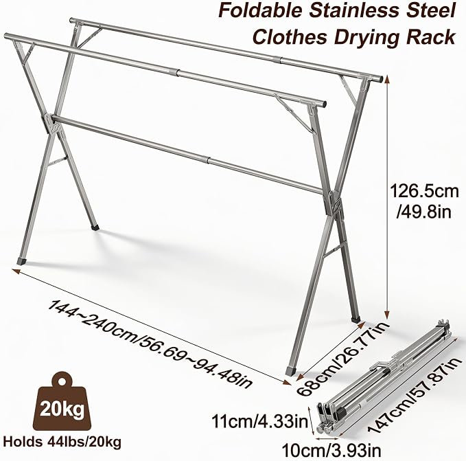 Spreezy 94 Inch Clothes Drying Rack, Stainless Steel, Indoor/Outdoor | Adjustable Length Holds 44 bs. Zero Assembly. Foldable Laundry Drying Rack. Portable, Space-Saving, with Windproof Hooks