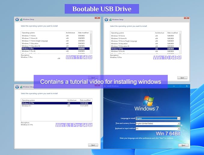 64GB - Bootable USB Drive 3.2 for Windows 11/10 / 8.1/7, Install/Recovery, No TPM Required, Included Network Drives (WiFi & LAN),Supported UEFI and Legacy, Data Recovery, Repair Tool
