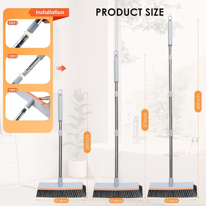 Floor Scrub Brush with 45" Long Handle, 2-in-1 Heavy-Duty Stiff Bristle Scrubber Brush Broom with Scrape Squeegee for Cleaning Bathroom, Shower, Kitchen, Patio, Pool, Garage, Tile, Wall and Deck