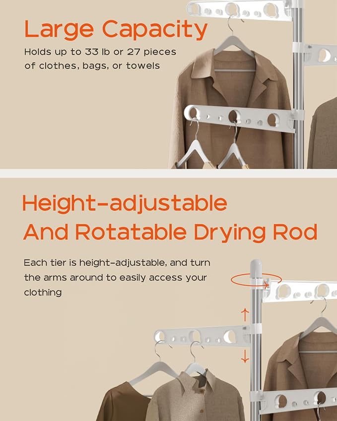 CASAMAYA Clothes Drying Rack Foldable, 70.9 inch Tripod Drying Rack for 35 Pieces of Clothes, with Height-Adjustable Rotatable Clothes Rails, Space Saving, Stainless Steel, White and Silver CDR005W01