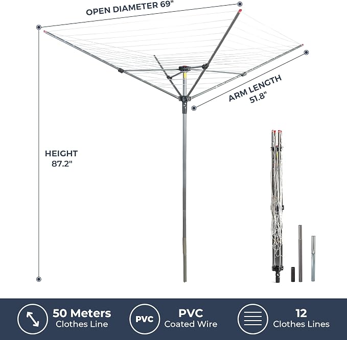 STO STO Umbrella Clothesline Outdoor Drying Rack, 164 Feet Rotary Clothes Drying Rack with Adjustable Height, Folding Laundry Line with Metal Ground Spike for Backyard, Patio, Garden, Heavy Duty