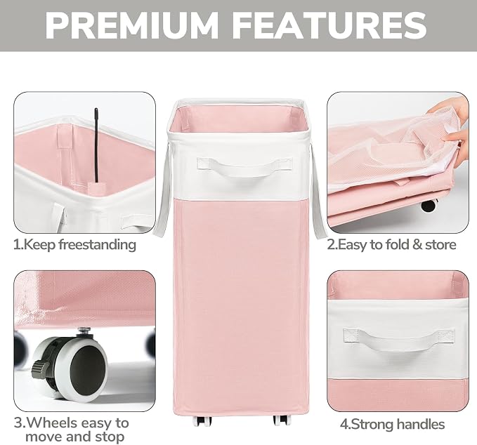 Goodpick Laundry Basket with Wheels, 75L Tall Clothes Hamper, Large Laundry Basket with Removable Wash Bag for Corner Dorm, Rolling Hamper, Pink&White | Laundry Hamper with Wheels, Collapsible Laundry Basket, Rolling Laundry Hamper with Handle for Coll...