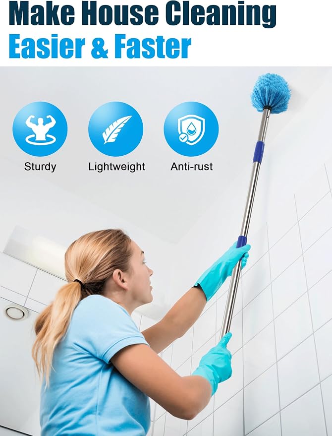 Cobweb Duster with Extension Pole, 8 ft Spider Web Brush for Outdoor House Cleaning, Cob Web Remover for High Ceilings Fans, Medium-Stiff Bristles Round Head, Steel Long Handle, Lightweight Cleaner